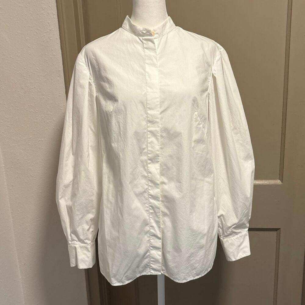 Akris Punto Size US 8 Button Up Shirt Puff Sleeves Banded Collar Cotton Poplin